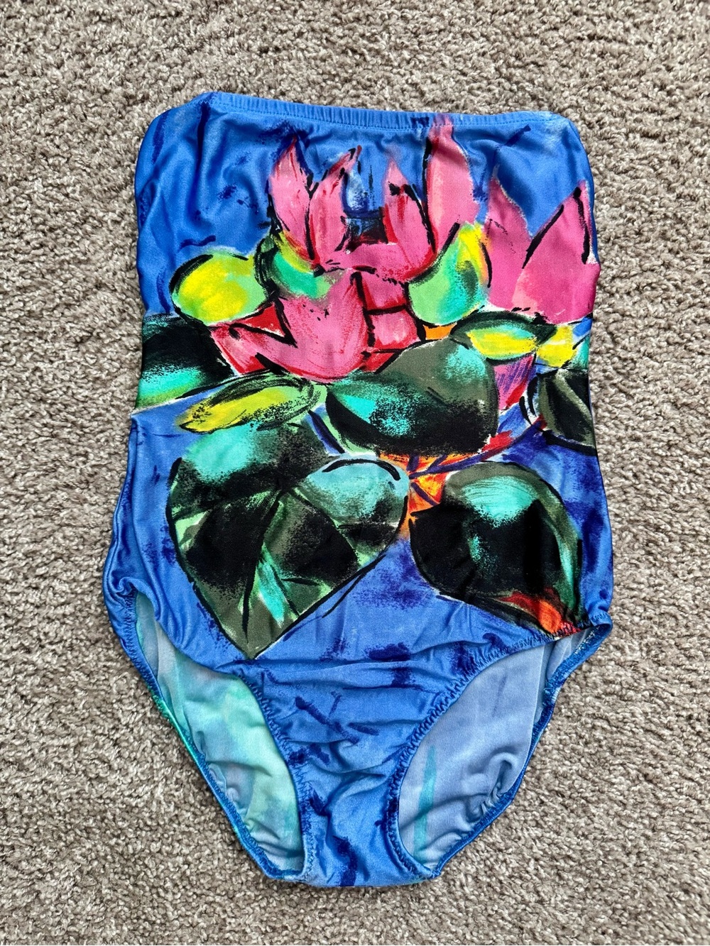 Rare Vintage 80s Gottex Strapless Floral One Piece Swimsuit Small Blue Tropical